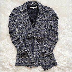 Rebecca Taylor Black Blue White Pipes and Shaw Stripe Tweed Belted Blazer Jacket